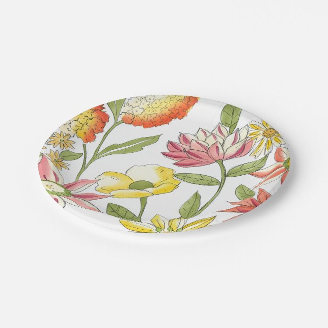 Floral Garden Design with White Background Paper Plate (Angled)