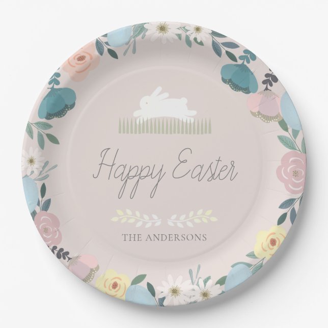 Floral Garden Easter Bunny Eggs Pink Paper Plate (Front)