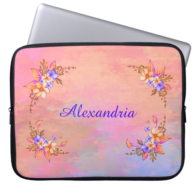 Floral Garden Elegant Pink Watercolor Personalise Laptop Sleeve (Front)