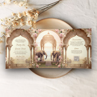 Floral Garden Elephants Indian Palace Wedding Tri-Fold Invitation