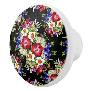 Floral Garden Flowers Narcissus Foliage White Red Ceramic Knob