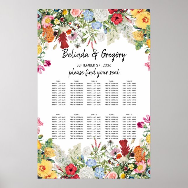 Floral Garden Flowers Wedding Seating Chart (Front)