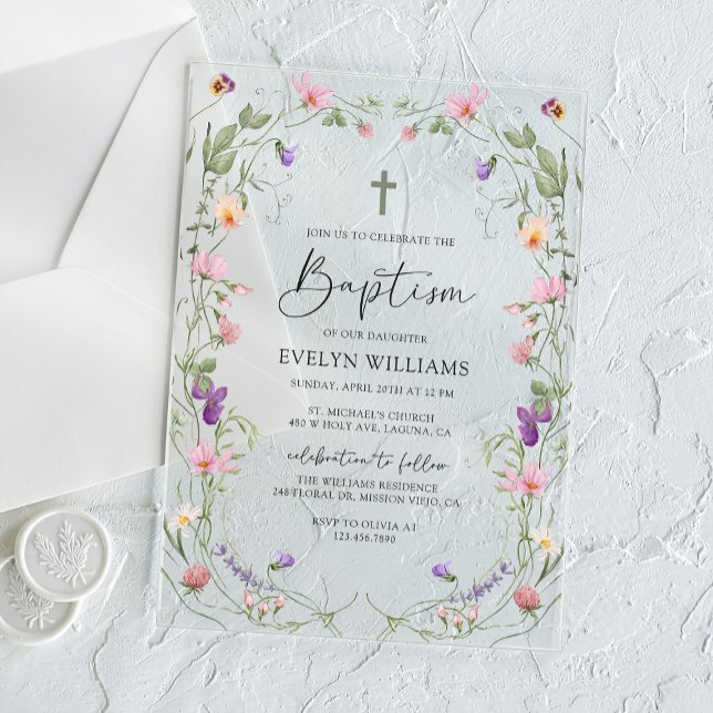 Floral Garden Girl Baptism and Christening Acrylic Invitations (Creator Uploaded)