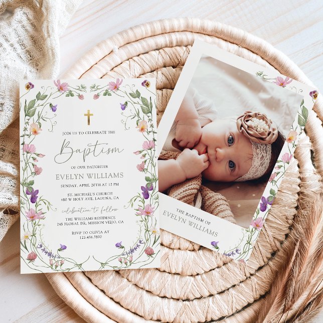 Floral Garden Girl Baptism and Christening Photo Invitation (Creator Uploaded)