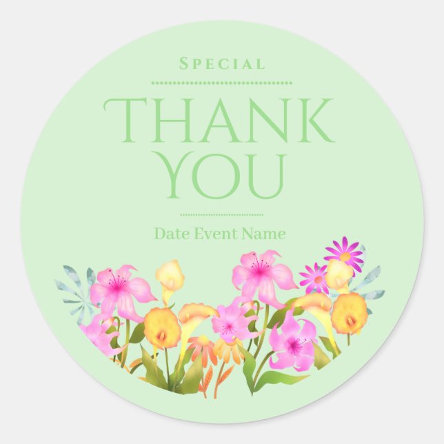 Floral Garden Green Thank You Classic Round Sticker (Front)