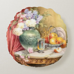 Floral Garden Hydrangeas, Carnations and Apples Round Cushion