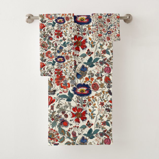 Floral Garden in Reds and Dark Blues Bath Towel Set (Insitu)