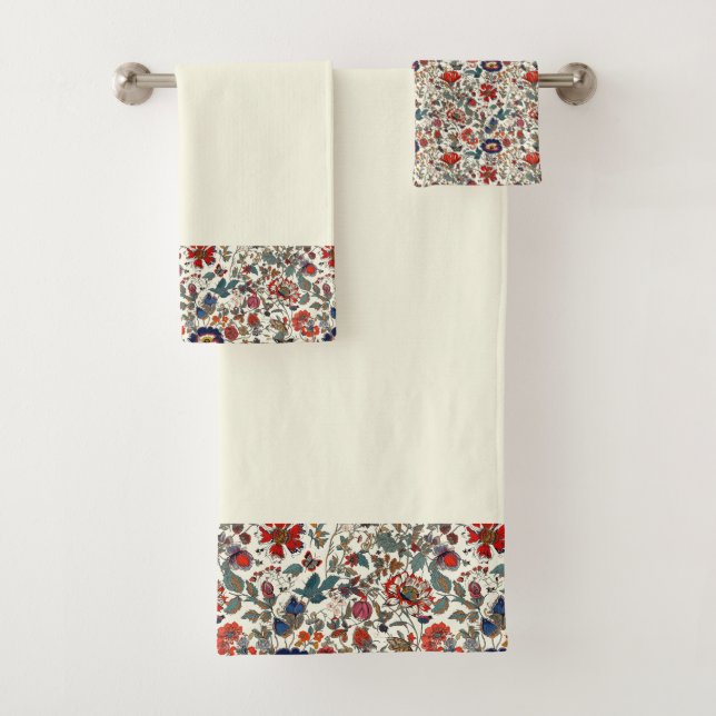 Floral Garden in Reds Border on Cream Background Bath Towel Set (Insitu)