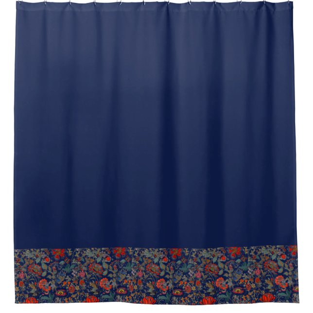 Floral Garden in Reds Border on Dark Blue Shower Curtain (Front)