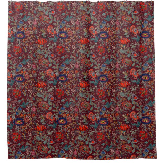 Floral Garden in Reds on Dark Red Background Shower Curtain (Front)