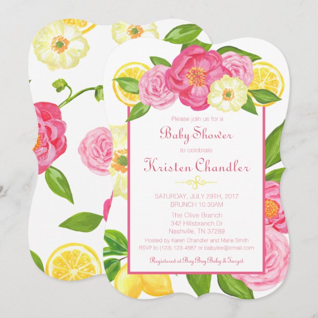 Floral Garden Lemon Girl Baby Shower Invitation (Front/Back)