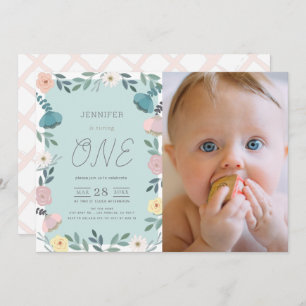 Floral Garden Light Blue GIrl Photo 1st Birthday Invitation