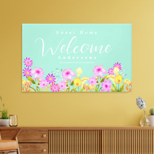 Floral Garden Light Teal Welcome Canvas Print