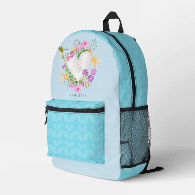 Floral Garden Monogram Blue Printed Backpack (Back Corner Right)