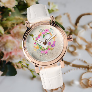Floral Garden Monogram Champagne Round Watch