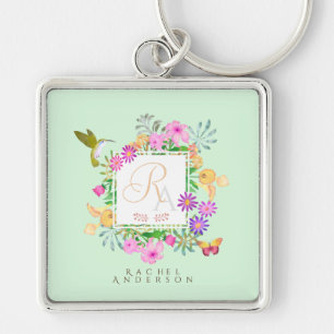 Floral Garden Monogram Green Key Ring