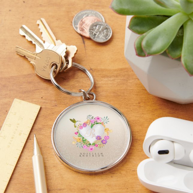Floral Garden Monogram Heart Beige Key Ring (Desk)
