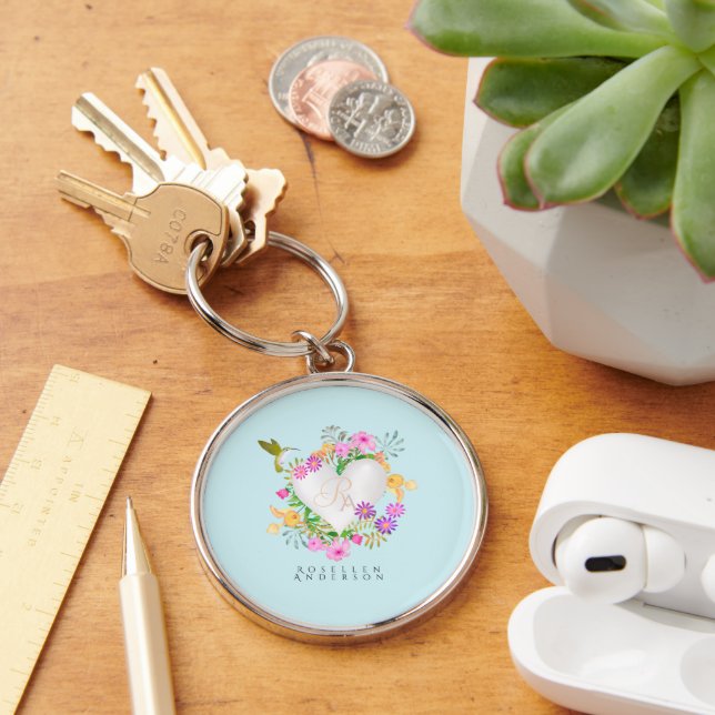 Floral Garden Monogram Heart Blue Key Ring (Desk)