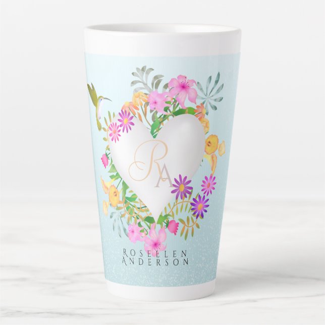 Floral Garden Monogram Heart Blue Latte Mug (Front)