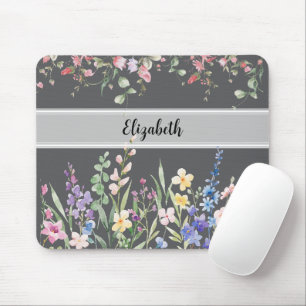 Floral Garden Monogram Script Dark Grey Mouse Pad