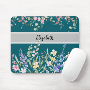Floral Garden Monogram Script Dark Teal Mouse Pad