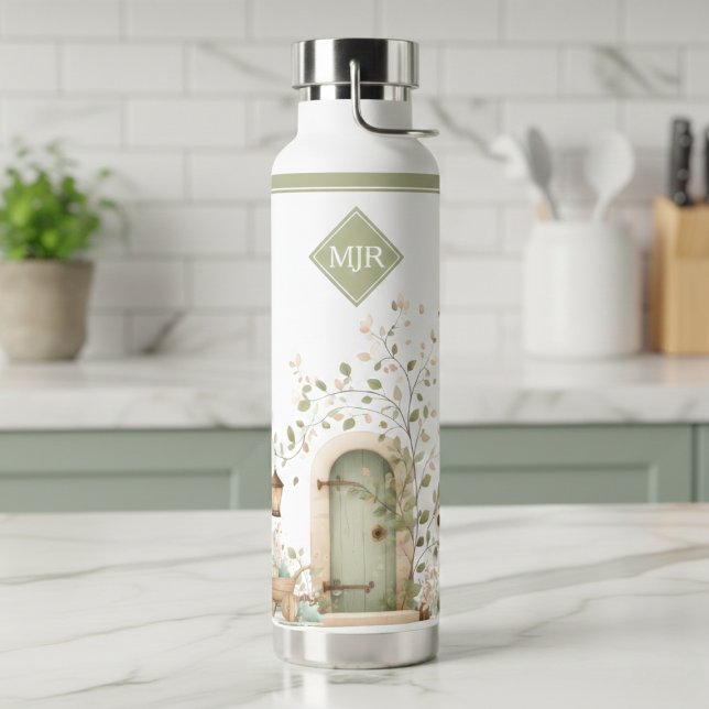 Floral Garden Monogram Water Bottle (cute cottage floral garden sage green and white water bottle with custom monogram initials)