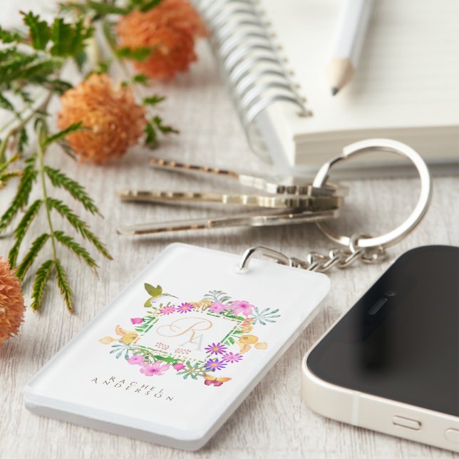Floral Garden Monogram White  Key Ring (Front Right)