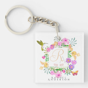 Floral Garden Monogram White Key Ring