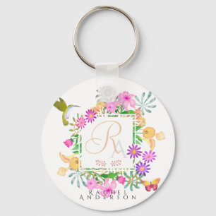 Floral Garden Monogram White Key Ring