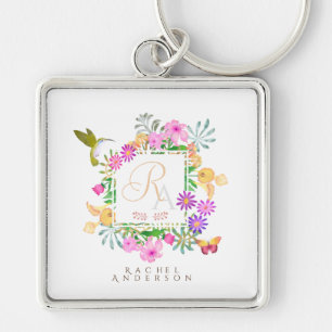 Floral Garden Monogram White  Key Ring