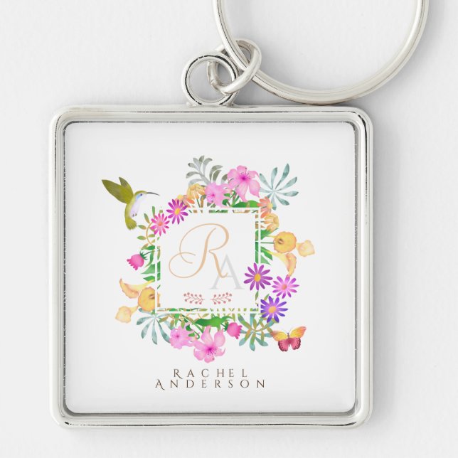 Floral Garden Monogram White  Key Ring (Front)