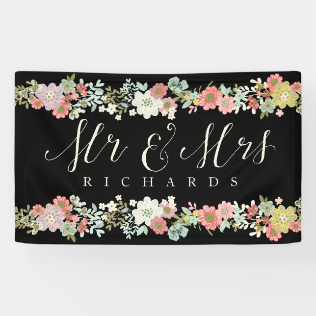 Floral Garden Mr &amp; Mrs Wedding Script Banner (Horizontal)