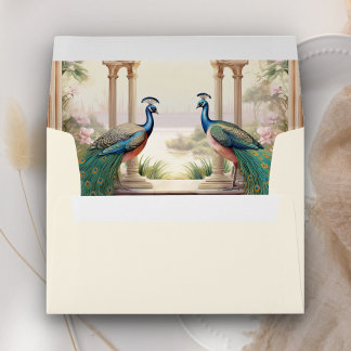 Floral Garden Peacocks Cream Indian Wedding Envelope