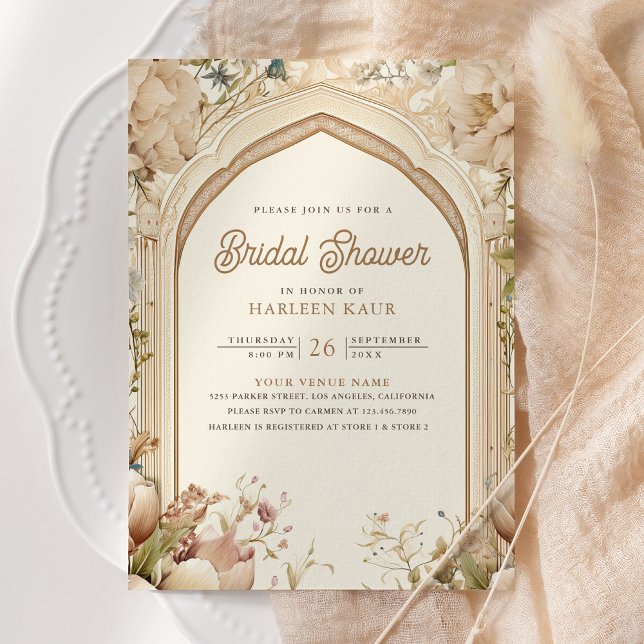 Floral Garden Peacocks Indian Palace Bridal Shower Invitation (Creator Uploaded)
