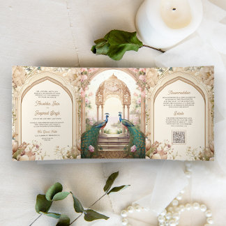 Floral Garden Peacocks Indian Palace Wedding Tri-Fold Invitation