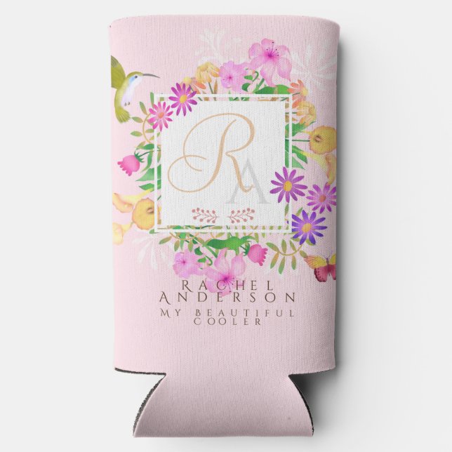 Floral Garden Pink Monogram Seltzer Can Cooler (Back)