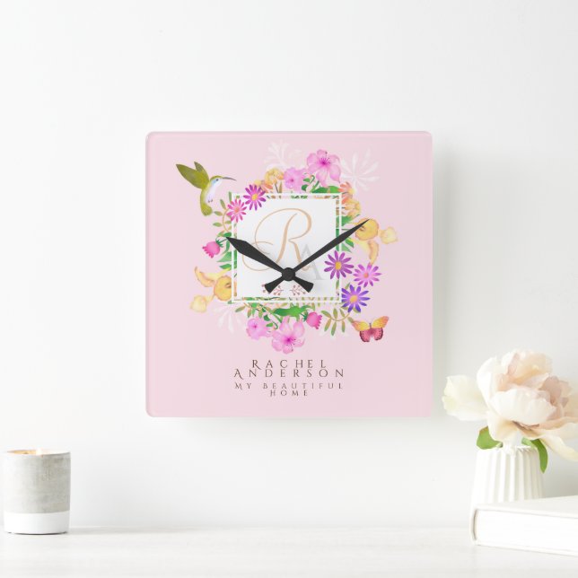 Floral Garden Pink Monogram  Square Wall Clock (Home)