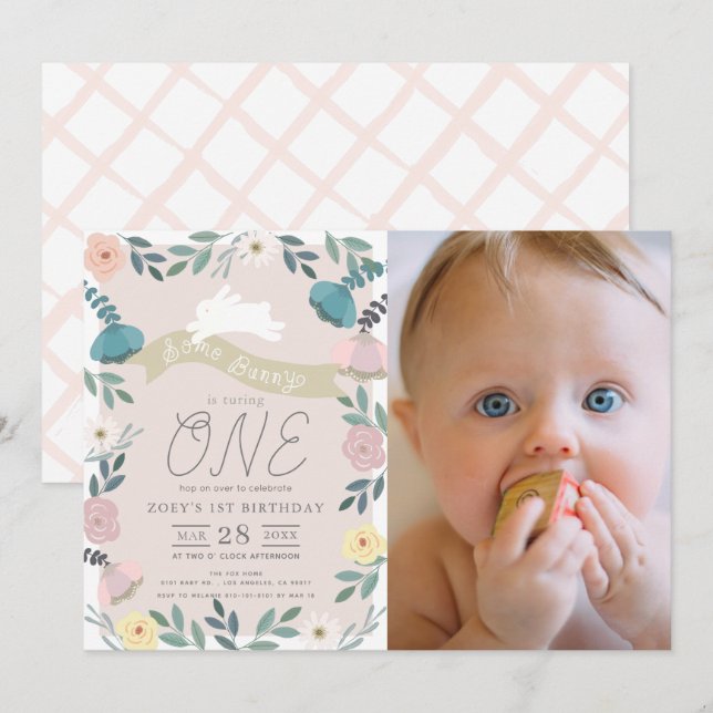 Floral Garden Pink White Bunny Photo 1st Birthday Invitation (Front/Back)