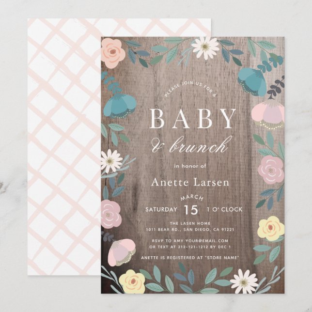 Floral Garden Rustic Wood Girl Brunch Baby Shower Invitation (Front/Back)