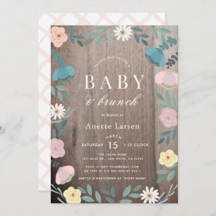 Floral Garden Rustic Wood Girl Brunch Baby Shower Invitation