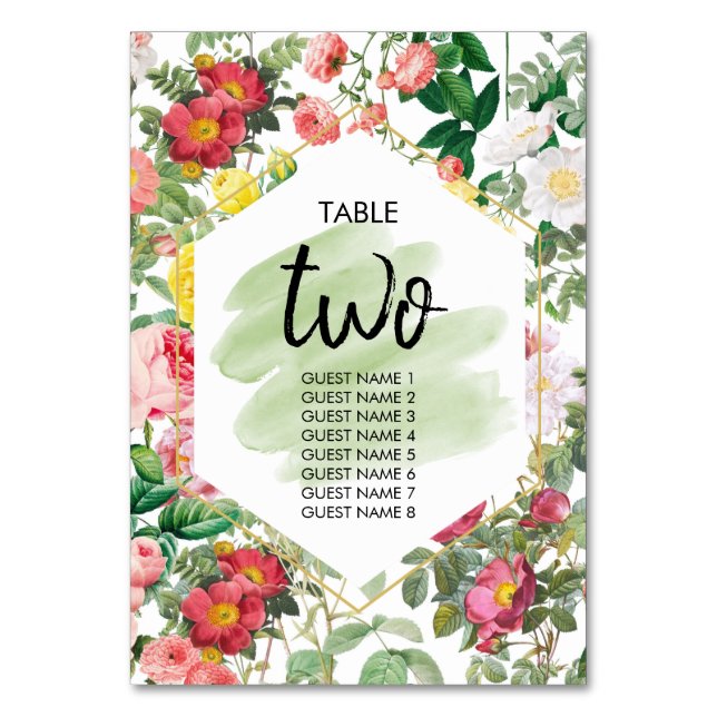 Floral Garden Watercolor Wedding Guest Names Table Number (Front)