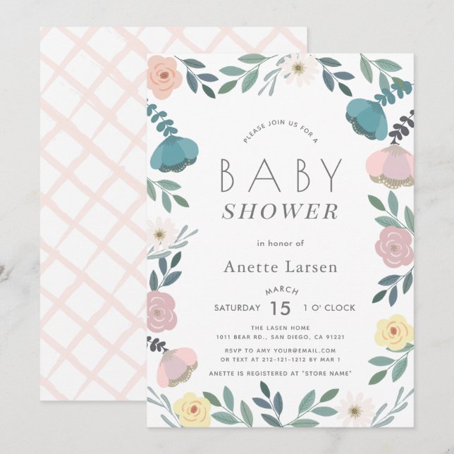 Floral Garden White Girl Baby Shower Invitation (Front/Back)