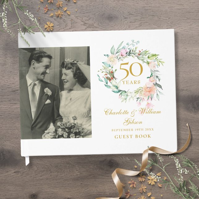 Floral Garland 50th Wedding Anniversary Photo Guest Book (Floral Garland 50th Wedding Anniversary Photo Guest Book)