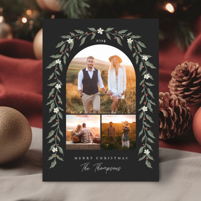 Floral Garland Arched 3 Photo Black Christmas Card (Floral Garland Arched 3 Photo Black Christmas Card)