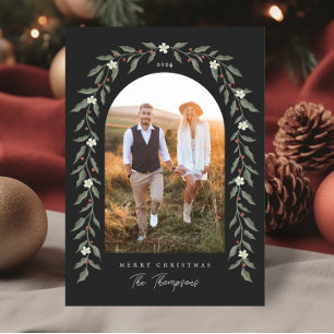 Floral Garland Arched Photo Black Christmas Card