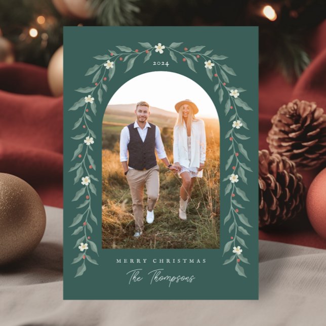 Floral Garland Arched Photo Green Christmas Card (Floral Garland Arched Photo Green Christmas Card)