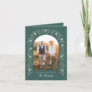 Floral Garland Arched Photo Green Christmas Card