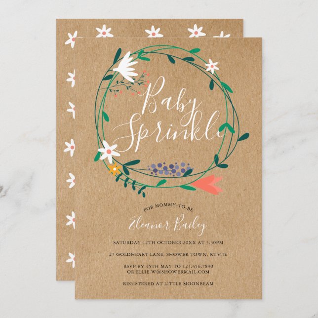 Floral Garland Baby Sprinkle Rustic Kraft Boho Invitation (Front/Back)