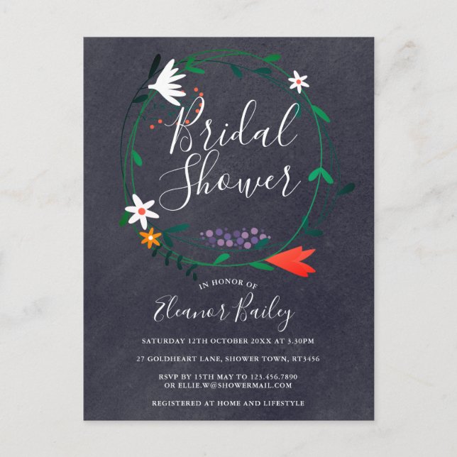 Floral Garland Chalkboard Bridal Shower Announcement Postcard (Front)