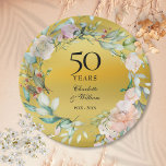 Floral Garland Gold Foil 50th Wedding Anniversary Paper Plate<br><div class="desc">Featuring a delicate watercolor floral garland on a gold foil background,  this chic botanical 50th wedding anniversary paper plate can be personalised with your special anniversary information in elegant text. Designed by Thisisnotme©</div>